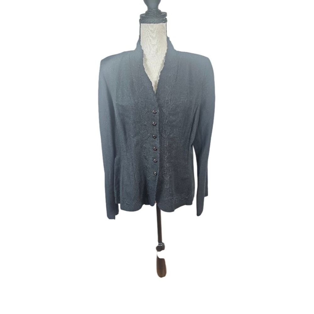 Emma James Blazer Women 12 Black Linen‎ Blend Embroidered Scalloped Tailored